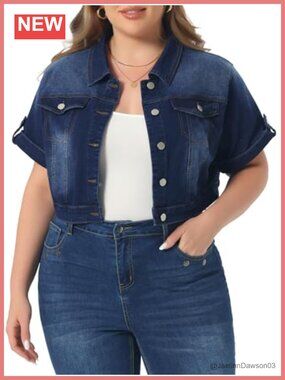 Plus Size Washed Denim Crop Jacket Short Sleeve Button Front Casual Summer